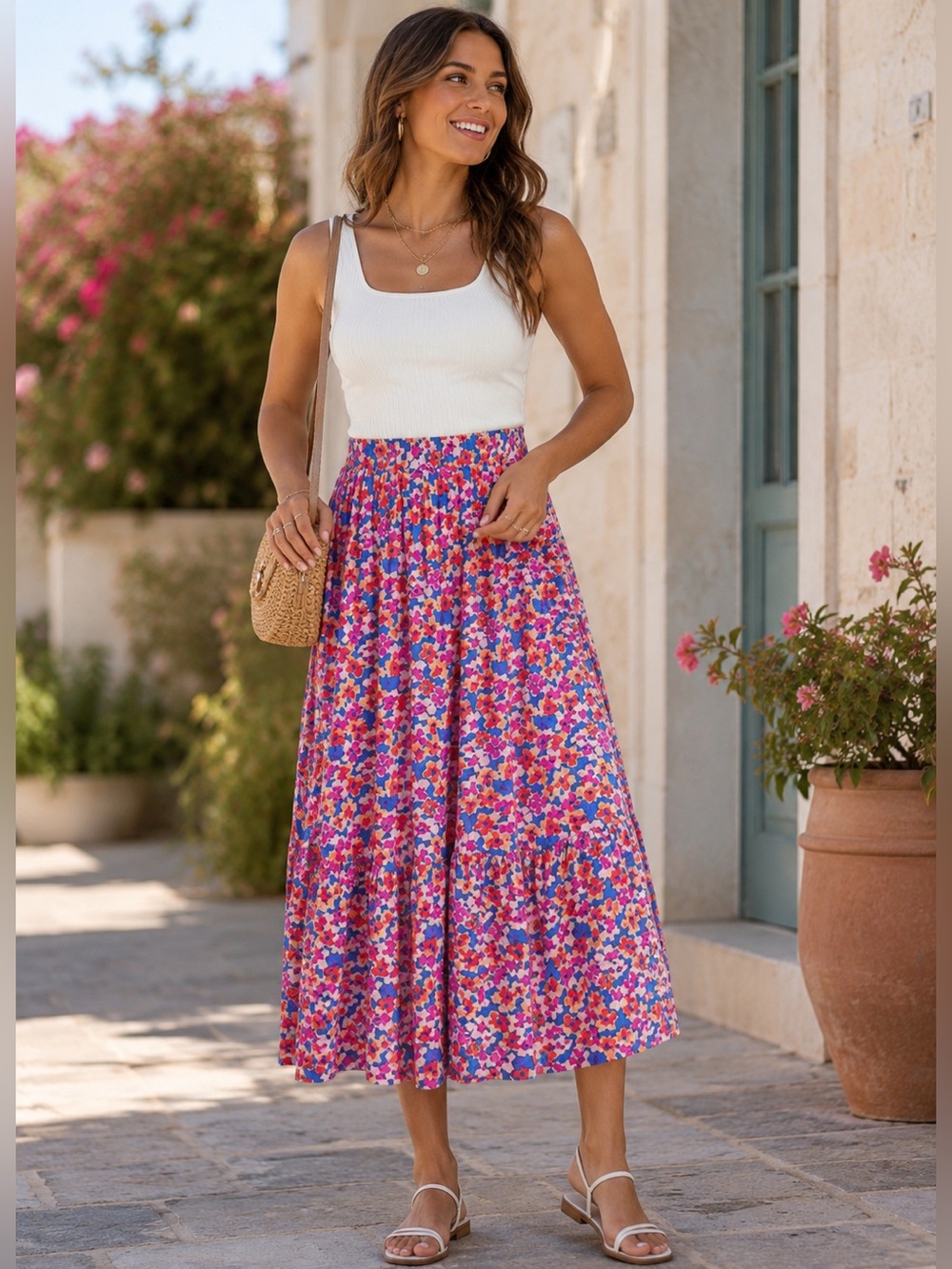 Skies Are Blue Floral Maxi Skirt in Pink & Blue with Orange Accents